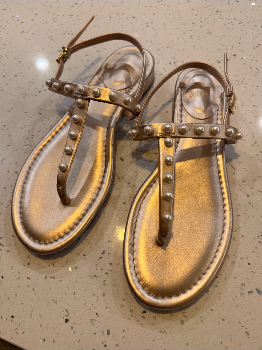 crown & ivy Rose Gold T-Strap Sandals with Pearl Studs